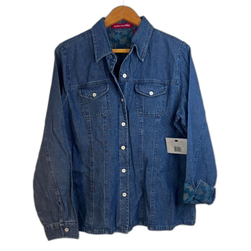 Gloria Vanderbilt NWT Denim Button Up Shirt Contrast Floral Cuffs Size LG Cotton